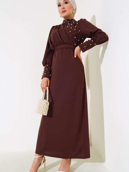 Kahverengi İnci Süslemeli Özel Gün Abiye Elbise