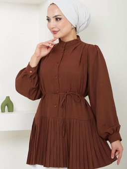 Kahverengi Önü Düğmeli Piliseli Prenses Kol Tunik