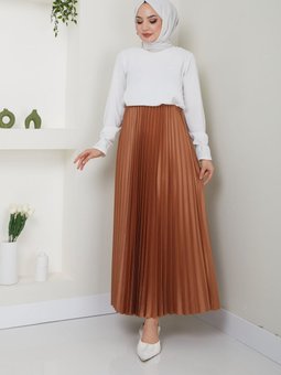 Kahverengi Piliseli Beli Lastikli Basic Uzun Etek