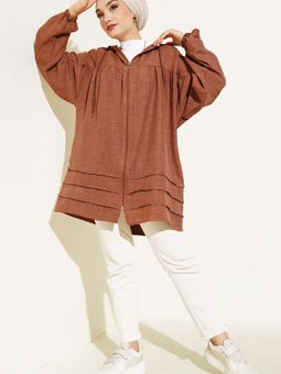 Kahverengi Yarasa Kol Keten Kapüşonlu Kap Siyah