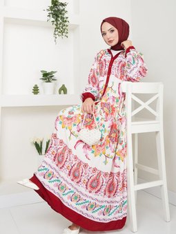 Kırmızı Renkli Etnik Desenli Elbise