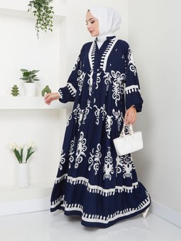 Lacivert Etnik Desenli Elbise