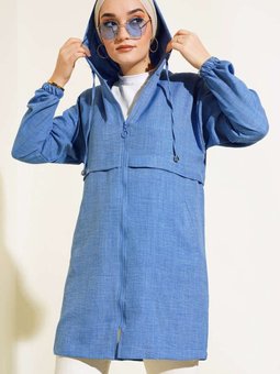 Mavi Araboy Kapüşonlu Fermuarlı Keten Kap