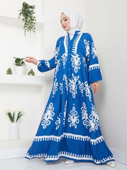 Mavi Etnik Desenli Elbise