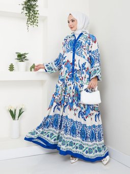 Mavi Renkli Etnik Desenli Elbise