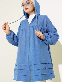 Mavi Yarasa Kol Keten Kapüşonlu Kap