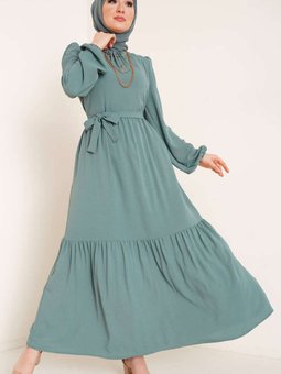 Mint Yeşili Yakası Büzgü Detaylı Ayrobin Elbise
