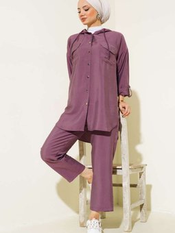 Mürdüm Metal Düğmeli Kapüşonlu İkili Takım