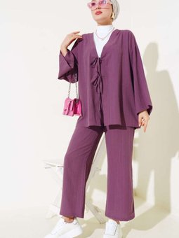 Mürdüm Önü Bağlamalı Kimono İkili Takım