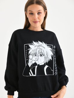 Siyah Anime Baskılı Bisiklet Yaka Sweatshirt