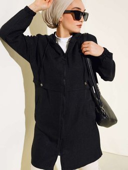 Siyah Araboy Kapüşonlu Fermuarlı Keten Kap