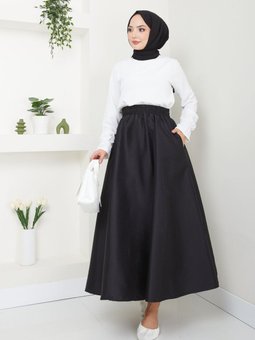 Siyah Cep Detaylı Paraşüt Uzun Etek