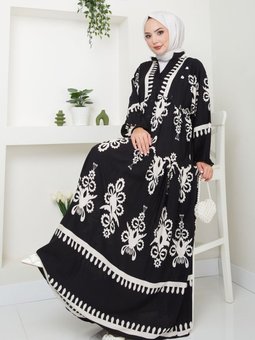 Siyah Etnik Desenli Elbise