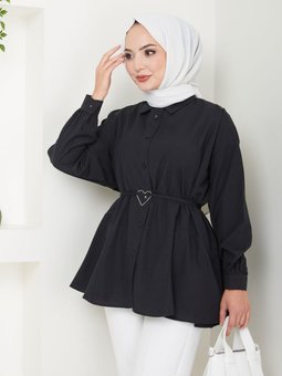 Siyah Gömlek Yaka Kalp Detaylı Tunik