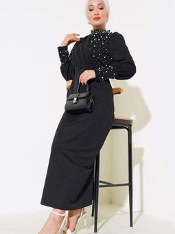 Siyah İnci Süslemeli Özel Gün Abiye Elbise
