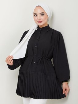 Siyah Önü Düğmeli Piliseli Prenses Kol Tunik