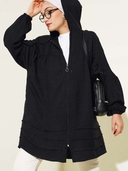 Siyah Yarasa Kol Keten Kapüşonlu Kap