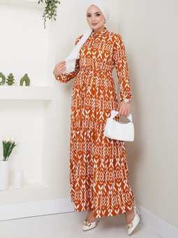 Turuncu Desenli Yaka Bel Büzgülü Gömlek Elbise