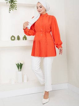 Turuncu Önü Düğmeli Piliseli Prenses Kol Tunik