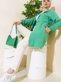 Yeşil Araboy Kapüşonlu Fermuarlı Keten Kap