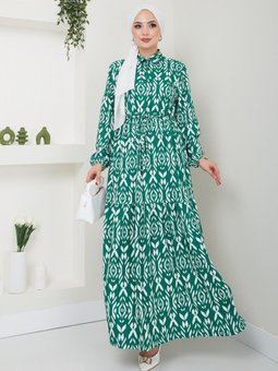 Yeşil Desenli Yaka Bel Büzgülü Gömlek Elbise