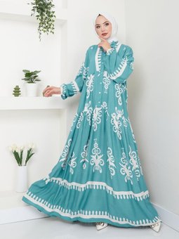 Yeşil Etnik Desenli Elbise