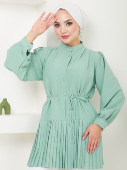 Yeşil Önü Düğmeli Piliseli Prenses Kol Tunik