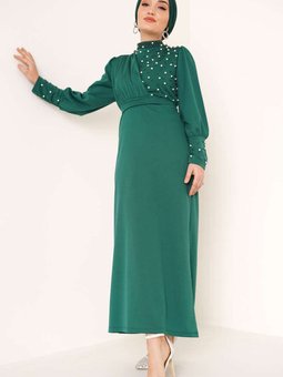 Zümrüt Yeşili İnci Süslemeli Özel Gün Abiye Elbise