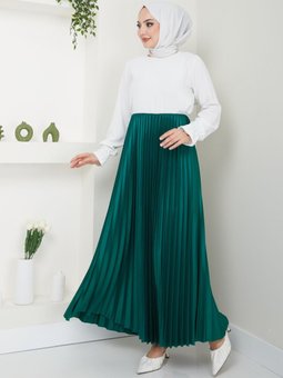 Zümrüt Yeşili Piliseli Beli Lastikli Basic Uzun Etek