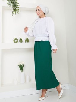 Zümrüt Yeşili Piliseli Uzun Kalem Etek