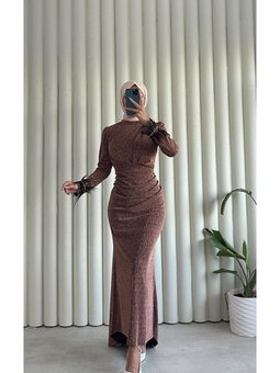 Işıltılı Tüy Detaylı Parıltılı Tesettur Abıye