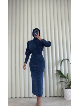 Yenı Sezon Balon Kol Önü Çapraz Kemer Detaylı Işıltılı Abiye Elbise