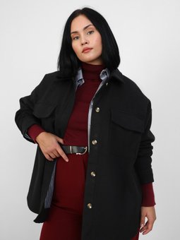 Büyük Beden Cep Detaylı Oversize Kaşe Siyah Ceket