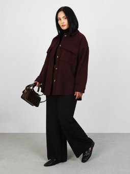 Büyük Beden Cep Detaylı Oversize Kaşe Siyah Ceket Bordo