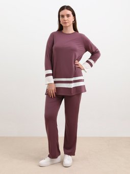Büyük Beden Çizgi Detaylı Örme Lavanta Takım