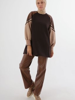 Acı Kahve Şardonlu Deri Garnili Şeritli Sweatshirt