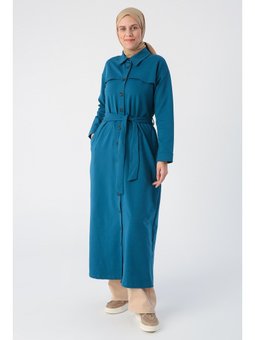 Açık Petrol Kuşaklı Rüzgarlıklı Düğmeli Rahat Kalıp Ferace