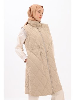 Bej Kapitoneli Fermuarlı Beli Büzgülü Yelek