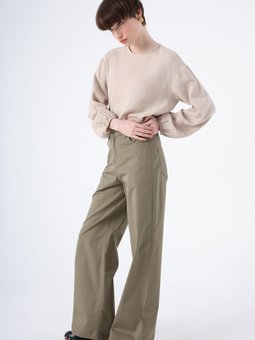 Haki Pamuklu Bol Paça Cepli Likralı Pantolon