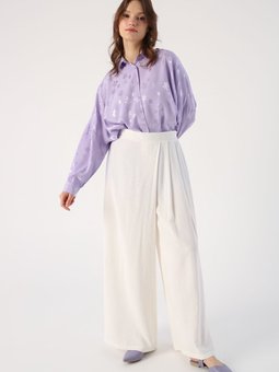 Kırık Beyaz Beli Lastikli Önü Pileli Bol Paça Pantolon