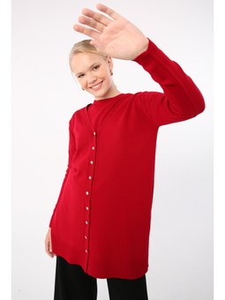 Kırmızı V Yaka Uzun Triko Hırka