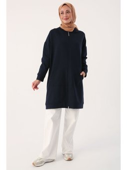 Lacivert Kapüşonlu Fermuarlı Sweat Hırka