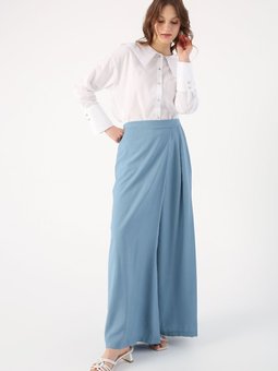 Mavi Beli Lastikli Önü Pileli Bol Paça Pantolon