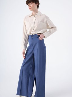 Mavi Pamuklu Paçası Püsküllü Nervürlü Bol Paça Pantolon