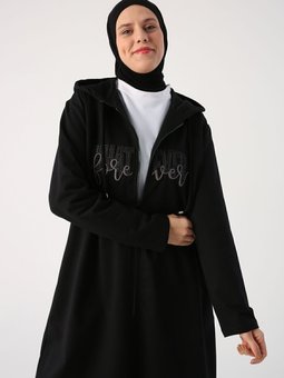 Siyah Büyük Beden Aplike Nakışlı Fermuarlı Hırka
