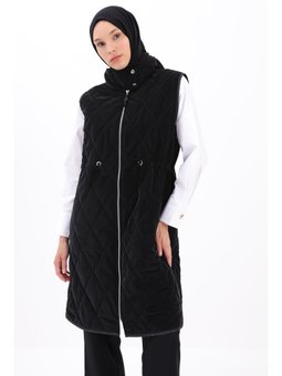Siyah Kapitoneli Fermuarlı Beli Büzgülü Yelek