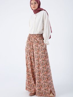 Somon Kiremit Baskılı Paçası Yırtmaçlı Beli Lastikli Wide Leg Viskon Keten Pantolon