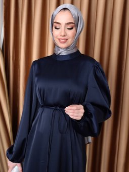 Balon Kol Saten Oversize Biye Kuşaklı Elbise