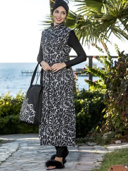 Siyah Uzun Boy Damla Desenler Tam Kapalı Mayo