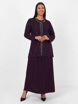 Taş İşlemeli Dantel Büyük Beden Mürdüm Abiye Elbise İkili Takım